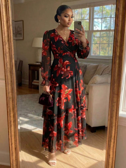 Chiffon Wrap Tiered Maxi Dress
