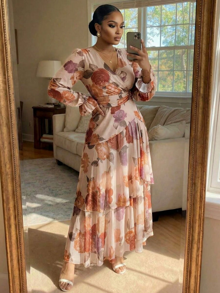 Chiffon Wrap Tiered Maxi Dress