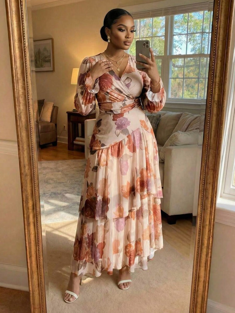 Chiffon Wrap Tiered Maxi Dress