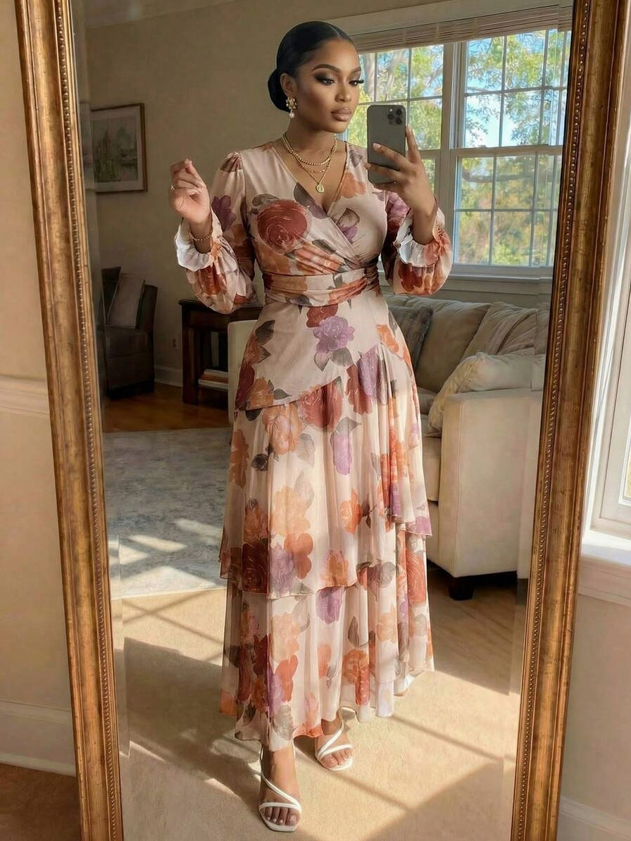 Chiffon Wrap Tiered Maxi Dress