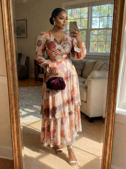 Chiffon Wrap Tiered Maxi Dress