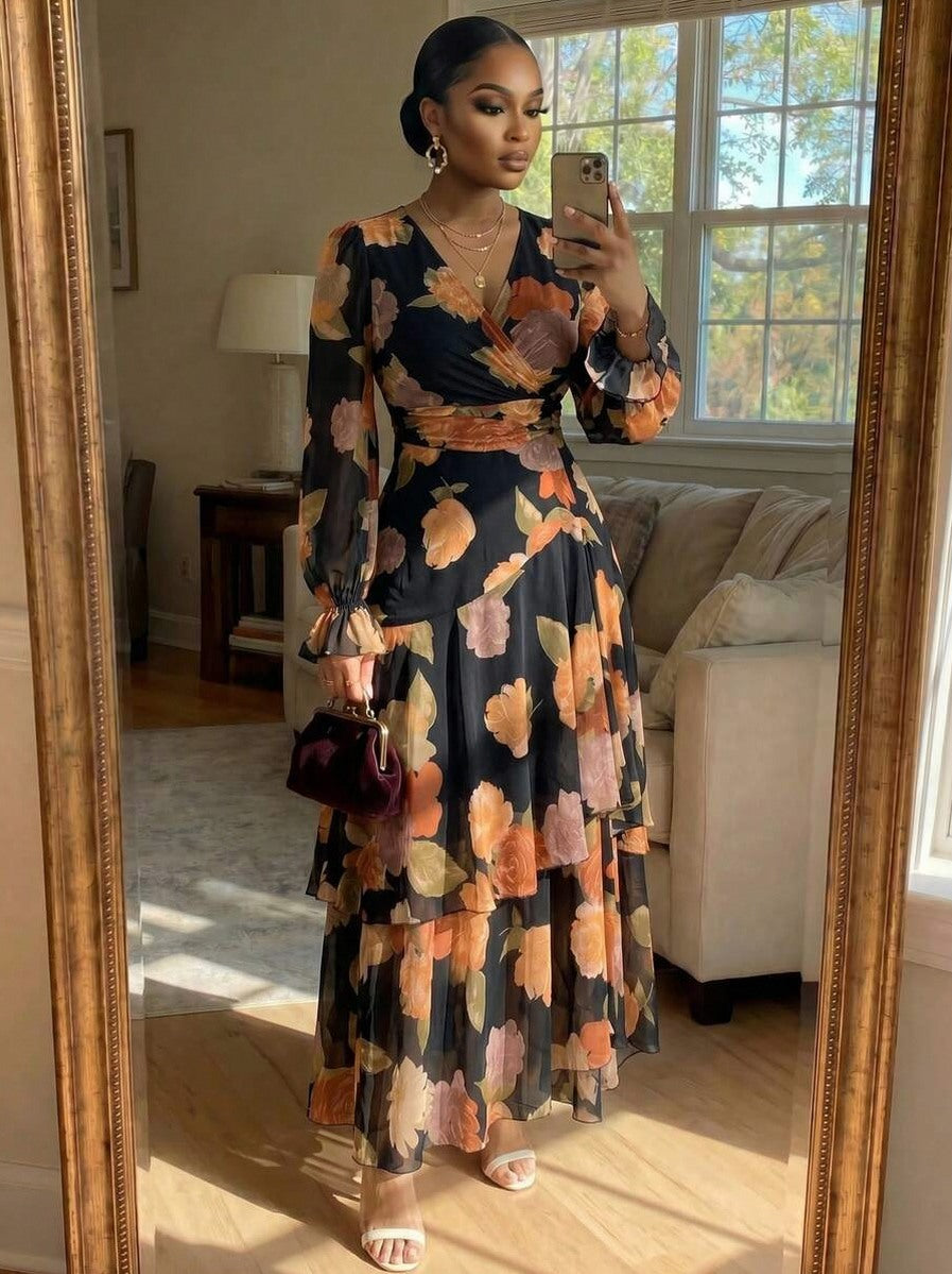 Chiffon Wrap Tiered Maxi Dress