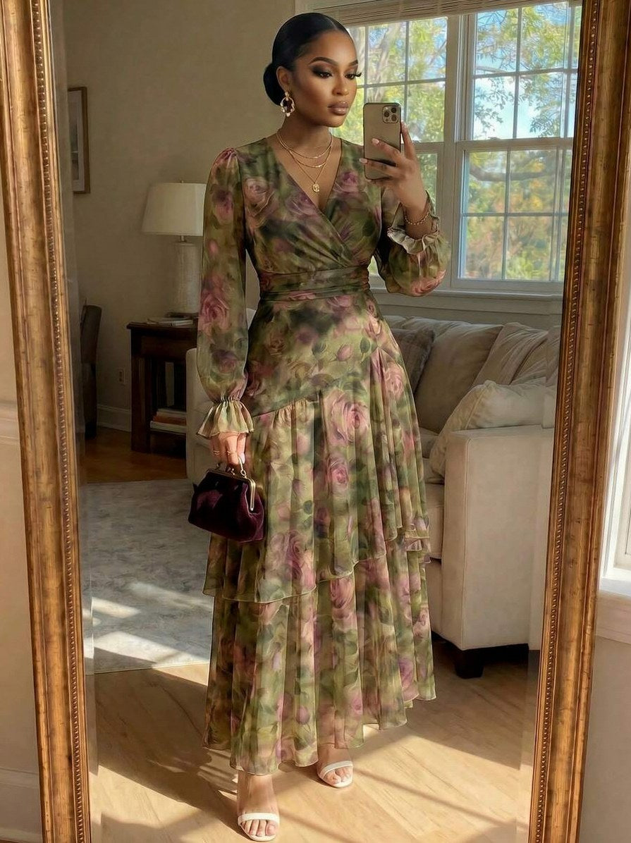 Chiffon Wrap Tiered Maxi Dress