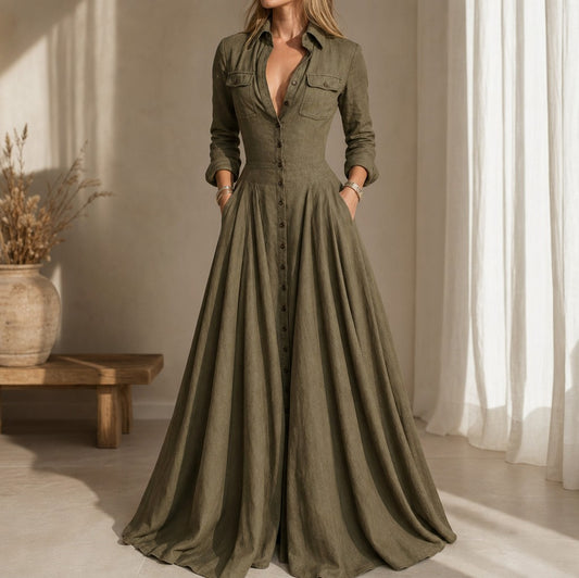 Collared Button Front Maxi Shirt Dress