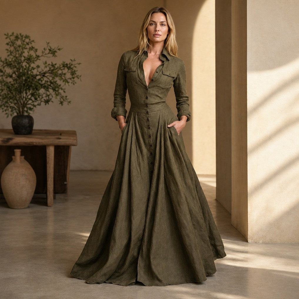 Collared Button Front Maxi Shirt Dress