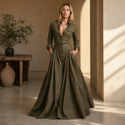 Collared Button Front Maxi Shirt Dress