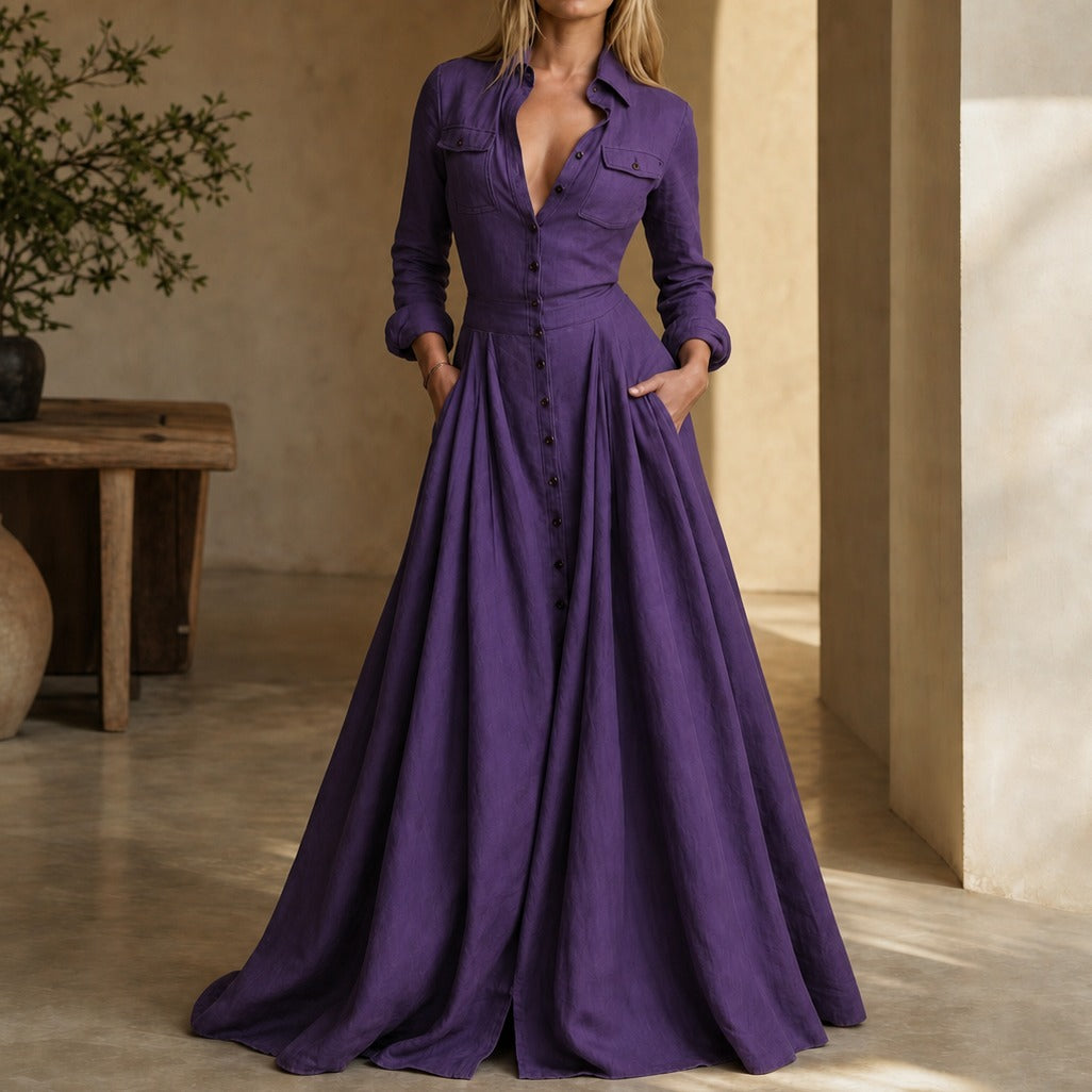 Collared Button Front Maxi Shirt Dress