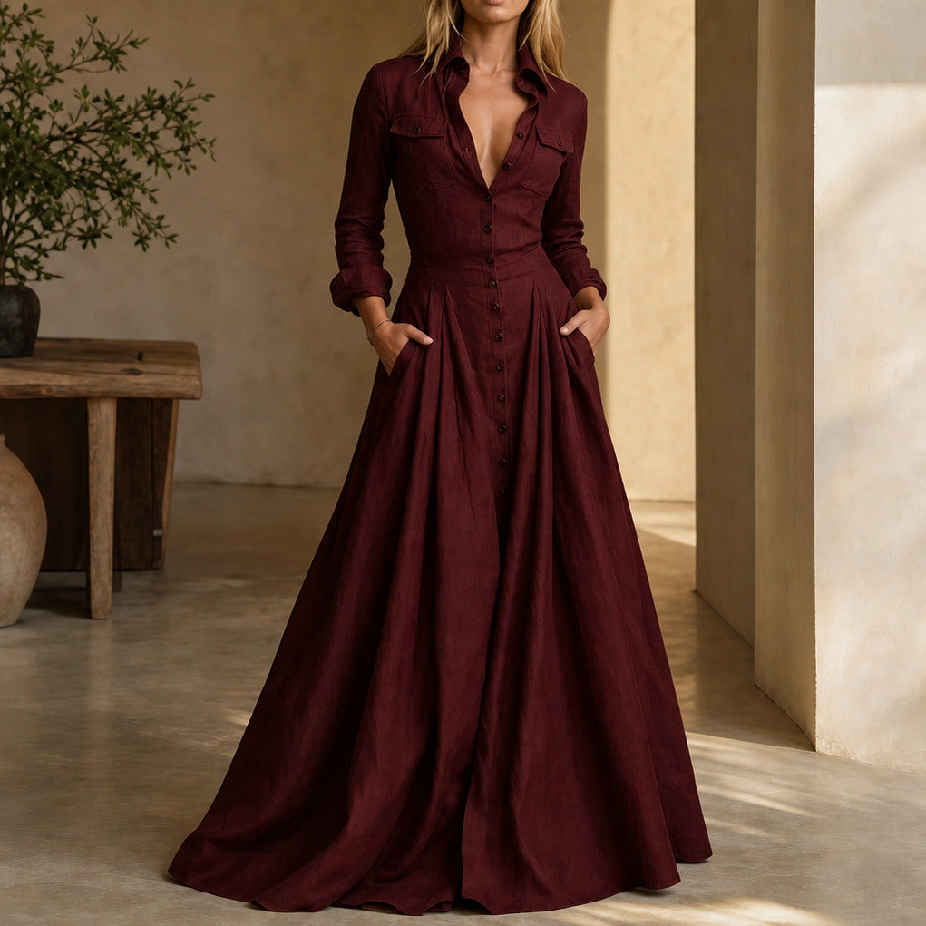 Collared Button Front Maxi Shirt Dress