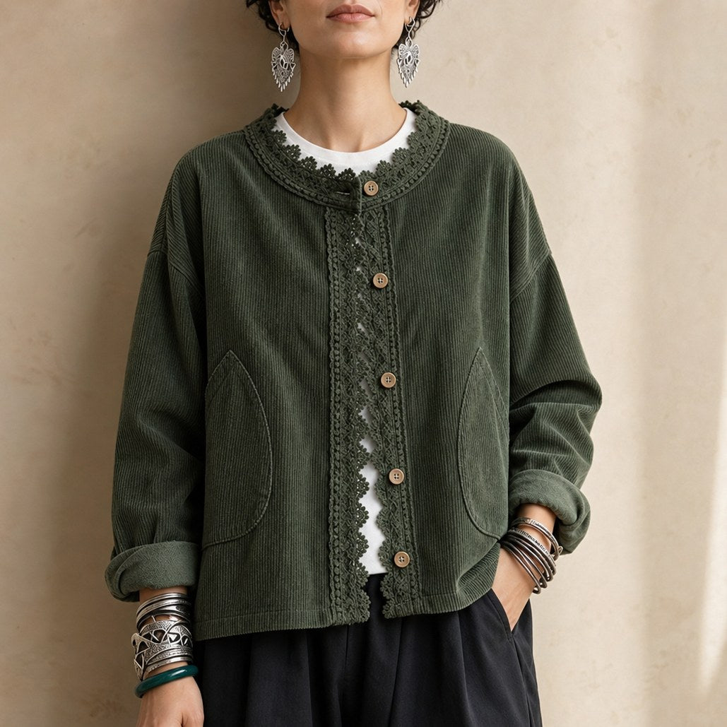 Corduroy Long Sleeve Lace Trim Jacket