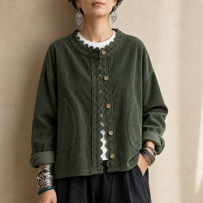Corduroy Long Sleeve Lace Trim Jacket