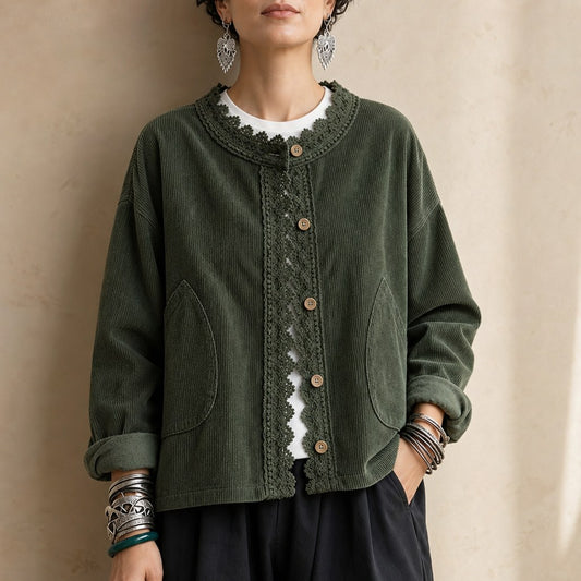 Corduroy Long Sleeve Lace Trim Jacket