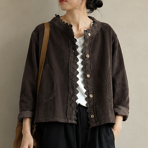 Corduroy Long Sleeve Lace Trim Jacket