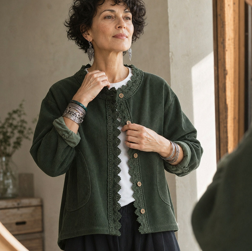 Corduroy Long Sleeve Lace Trim Jacket