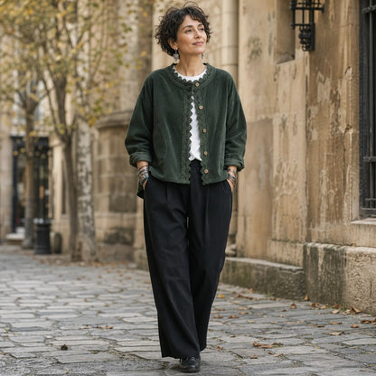 Corduroy Long Sleeve Lace Trim Jacket