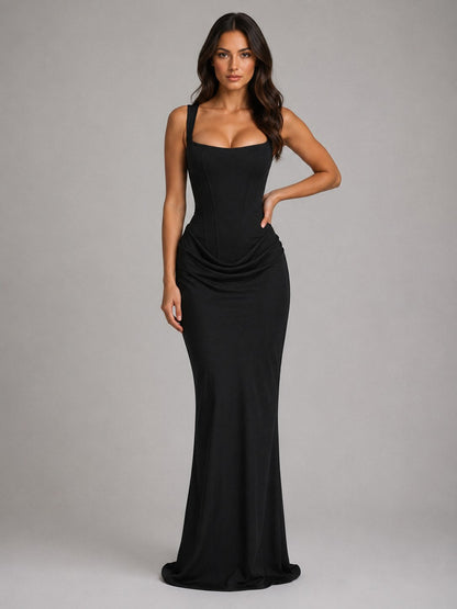 Corset Draped Square Neck Maxi Dress