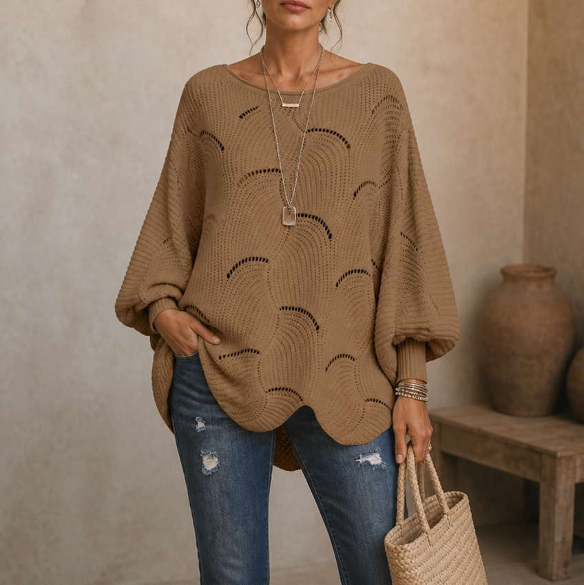 Crewneck Balloon Sleeve Scallop Sweater