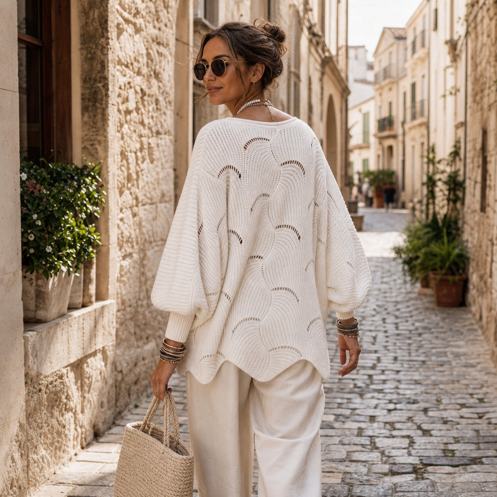 Crewneck Balloon Sleeve Scallop Sweater