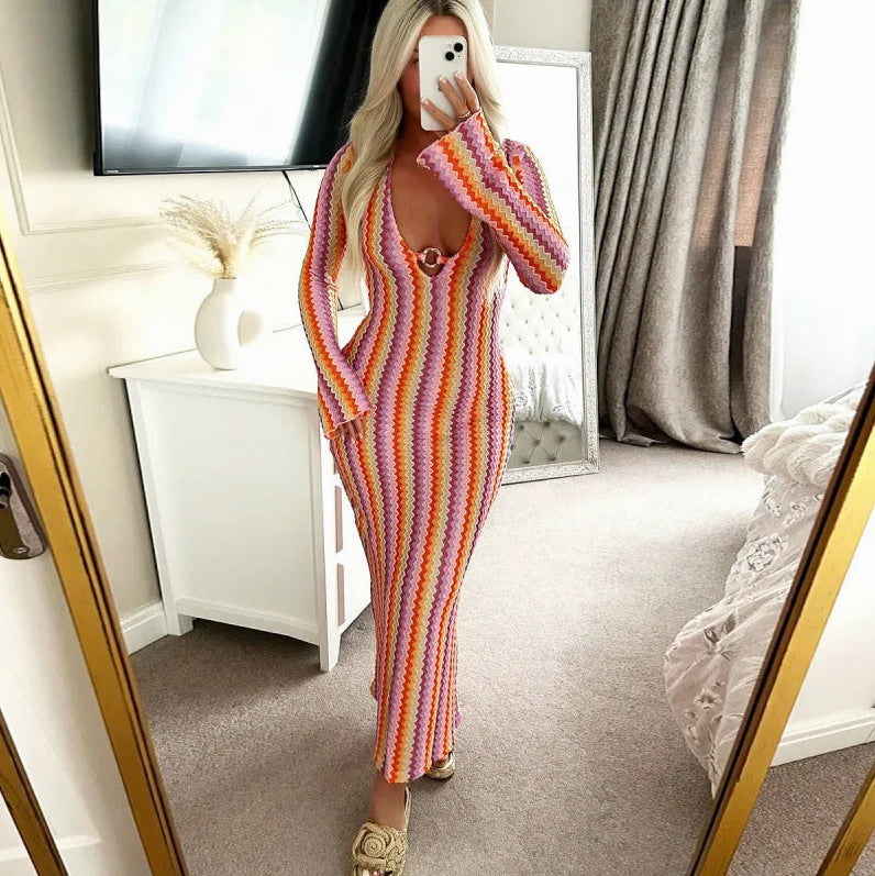 Crochet Striped Long Sleeve Maxi Dress
