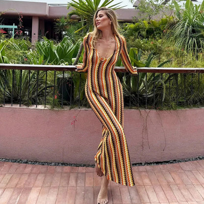 Crochet Striped Long Sleeve Maxi Dress