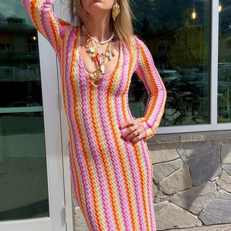 Crochet Striped Long Sleeve Maxi Dress