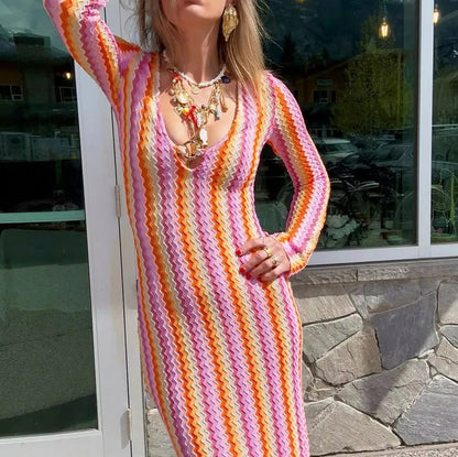 Crochet Striped Long Sleeve Maxi Dress