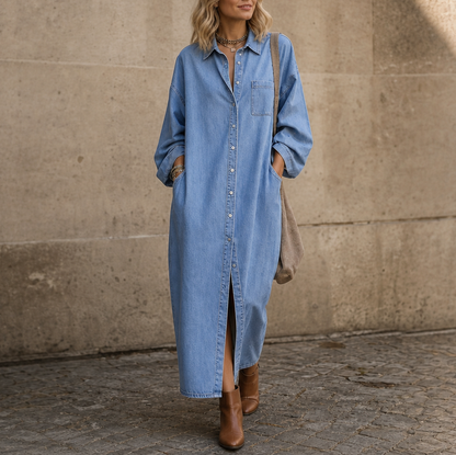 Denim Long Sleeve Button Down Maxi Shirt Dress