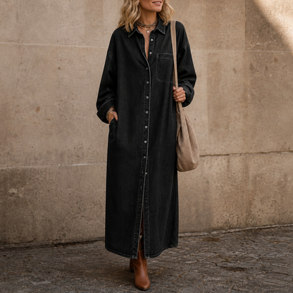 Denim Long Sleeve Button Down Maxi Shirt Dress