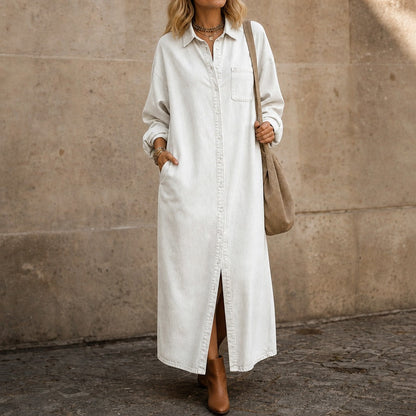 Denim Long Sleeve Button Down Maxi Shirt Dress