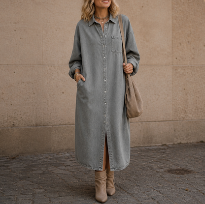 Denim Long Sleeve Button Down Maxi Shirt Dress