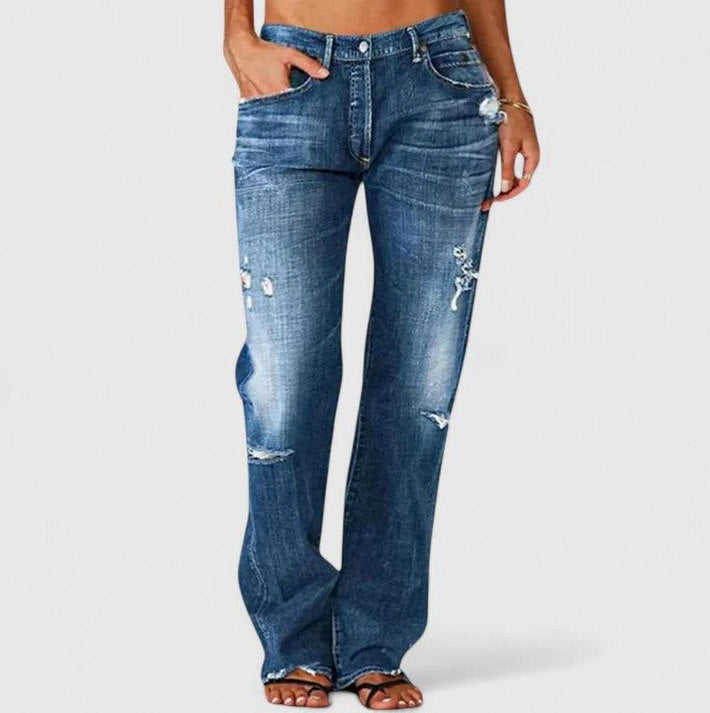 Denim Distressed Straight Leg Jeans