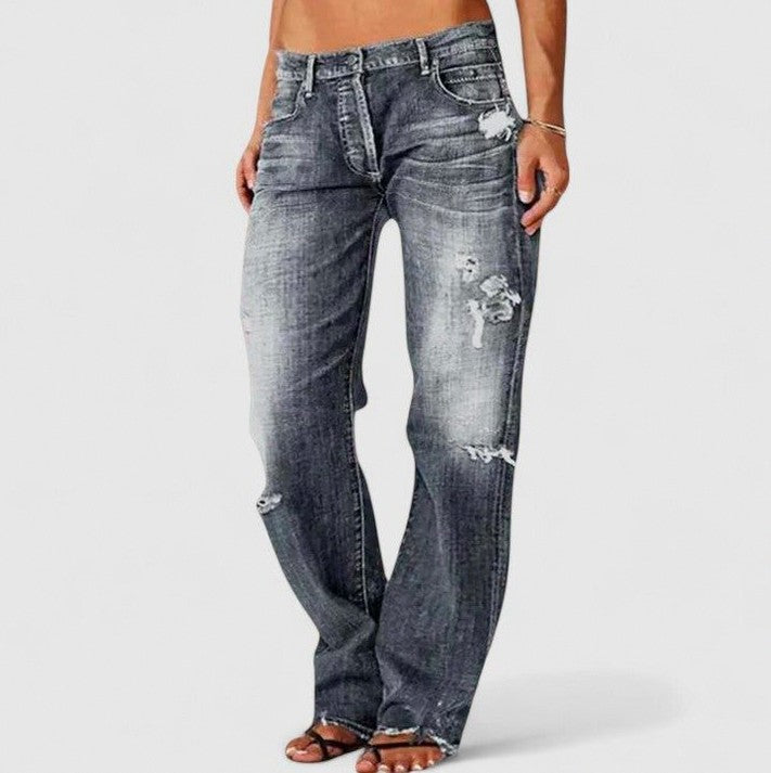 Denim Distressed Straight Leg Jeans