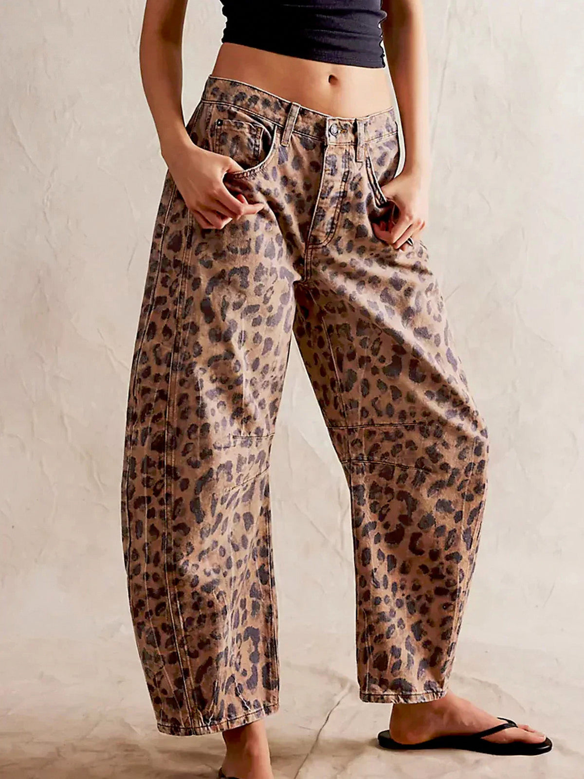 Denim Leopard Print Wide Leg Pants