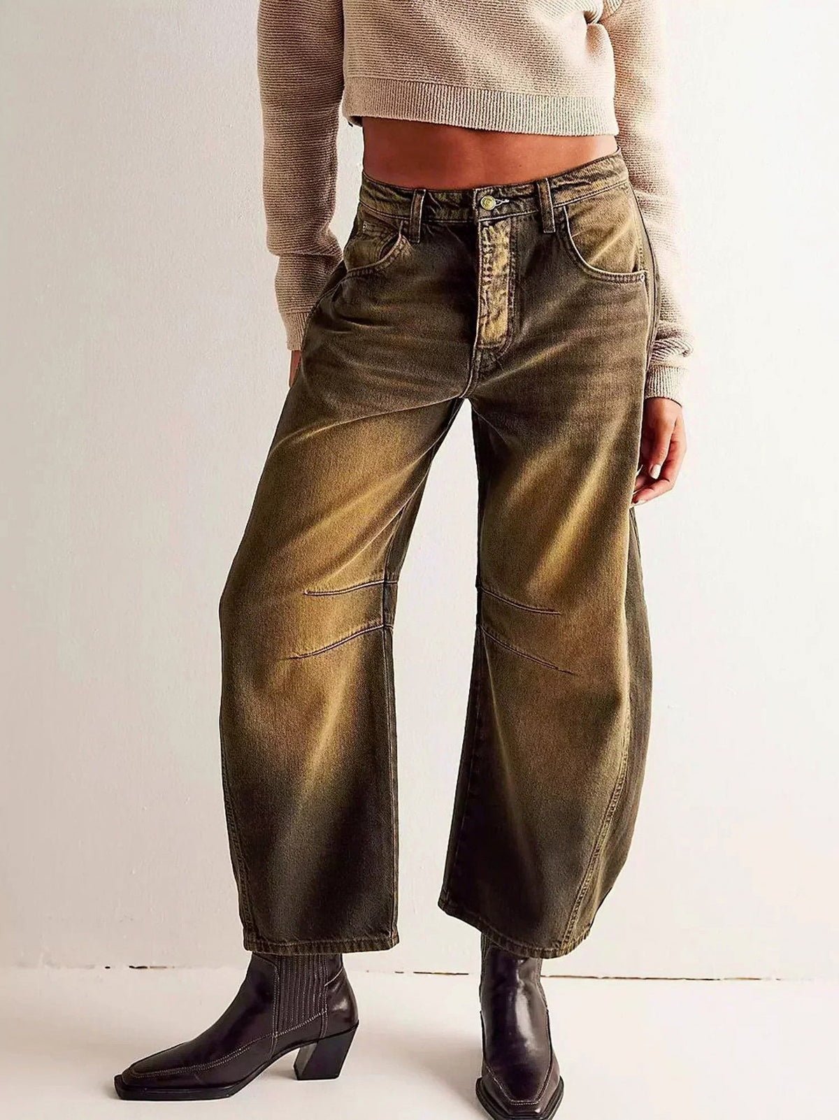 Denim Leopard Print Wide Leg Pants