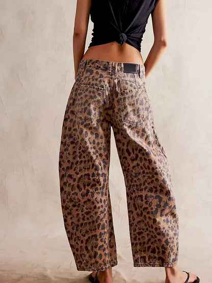 Denim Leopard Print Wide Leg Pants