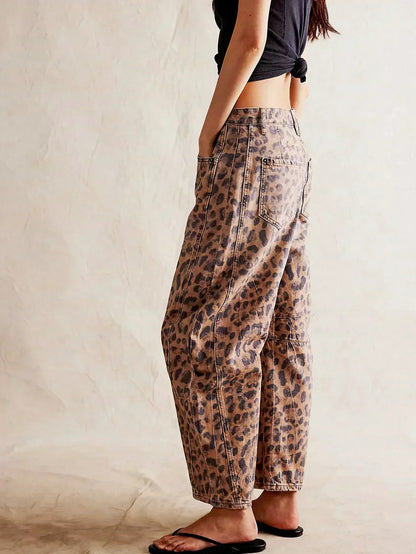 Denim Leopard Print Wide Leg Pants