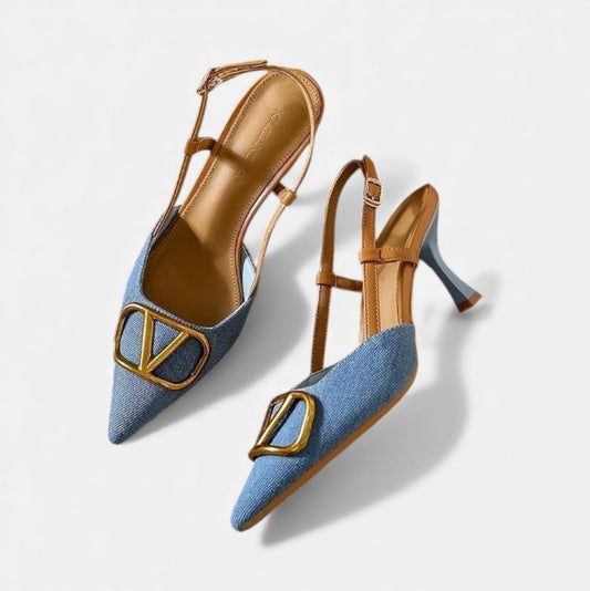 Denim Pointed Toe Slingback Kitten Heels