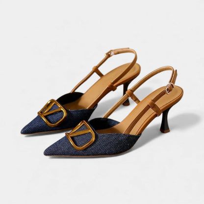 Denim Pointed Toe Slingback Kitten Heels