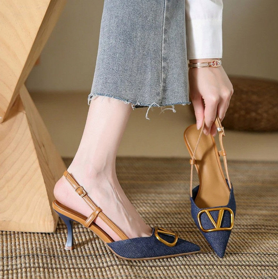 Denim Pointed Toe Slingback Kitten Heels