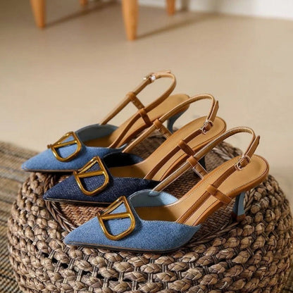 Denim Pointed Toe Slingback Kitten Heels