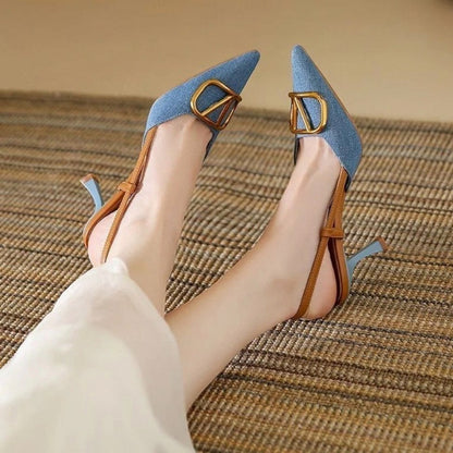 Denim Pointed Toe Slingback Kitten Heels
