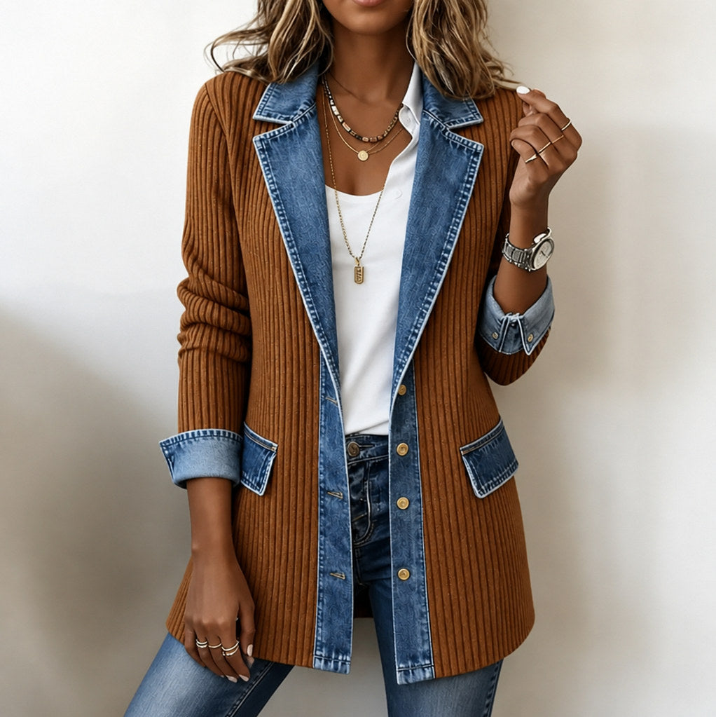 Denim Trim Ribbed Knit Cardigan