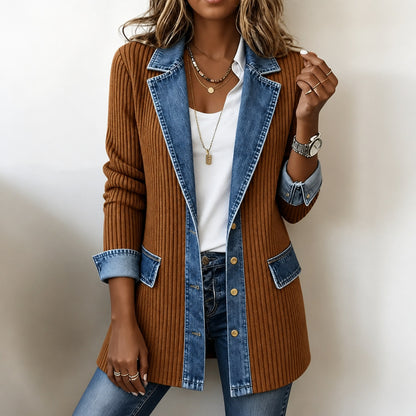 Denim Trim Ribbed Knit Cardigan