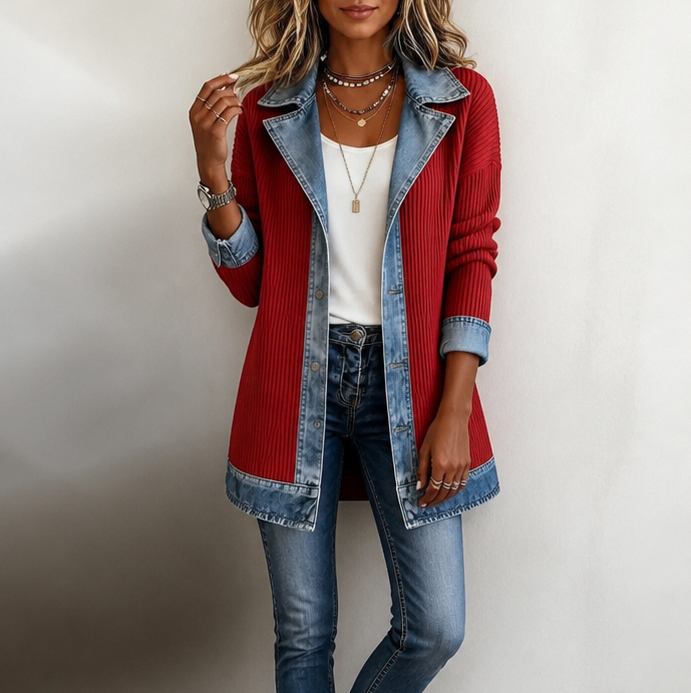 Denim Trim Ribbed Knit Cardigan