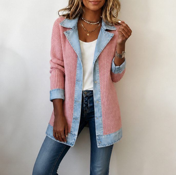 Denim Trim Ribbed Knit Cardigan