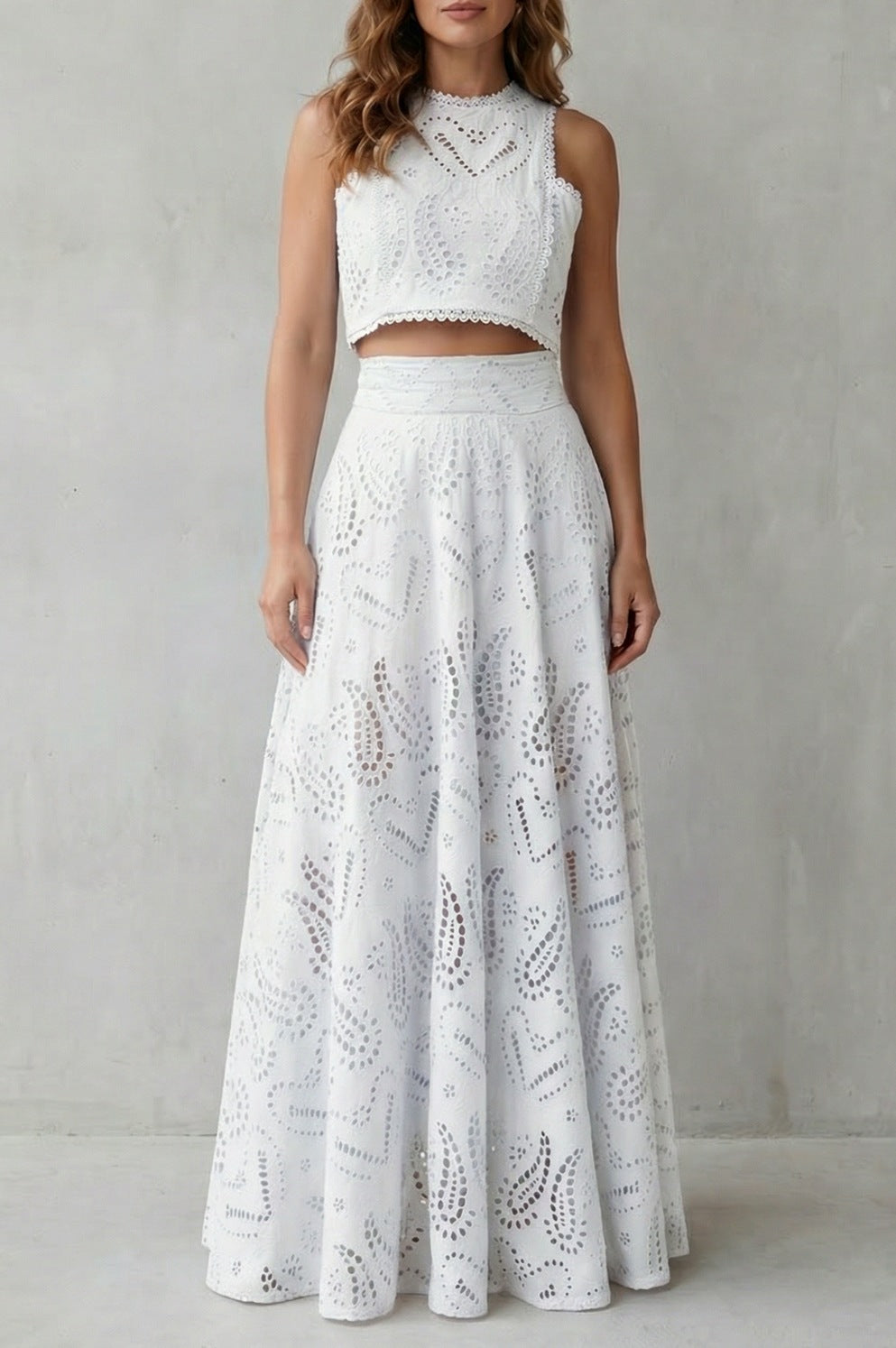 Eyelet Crop Top and Maxi Skirt Set