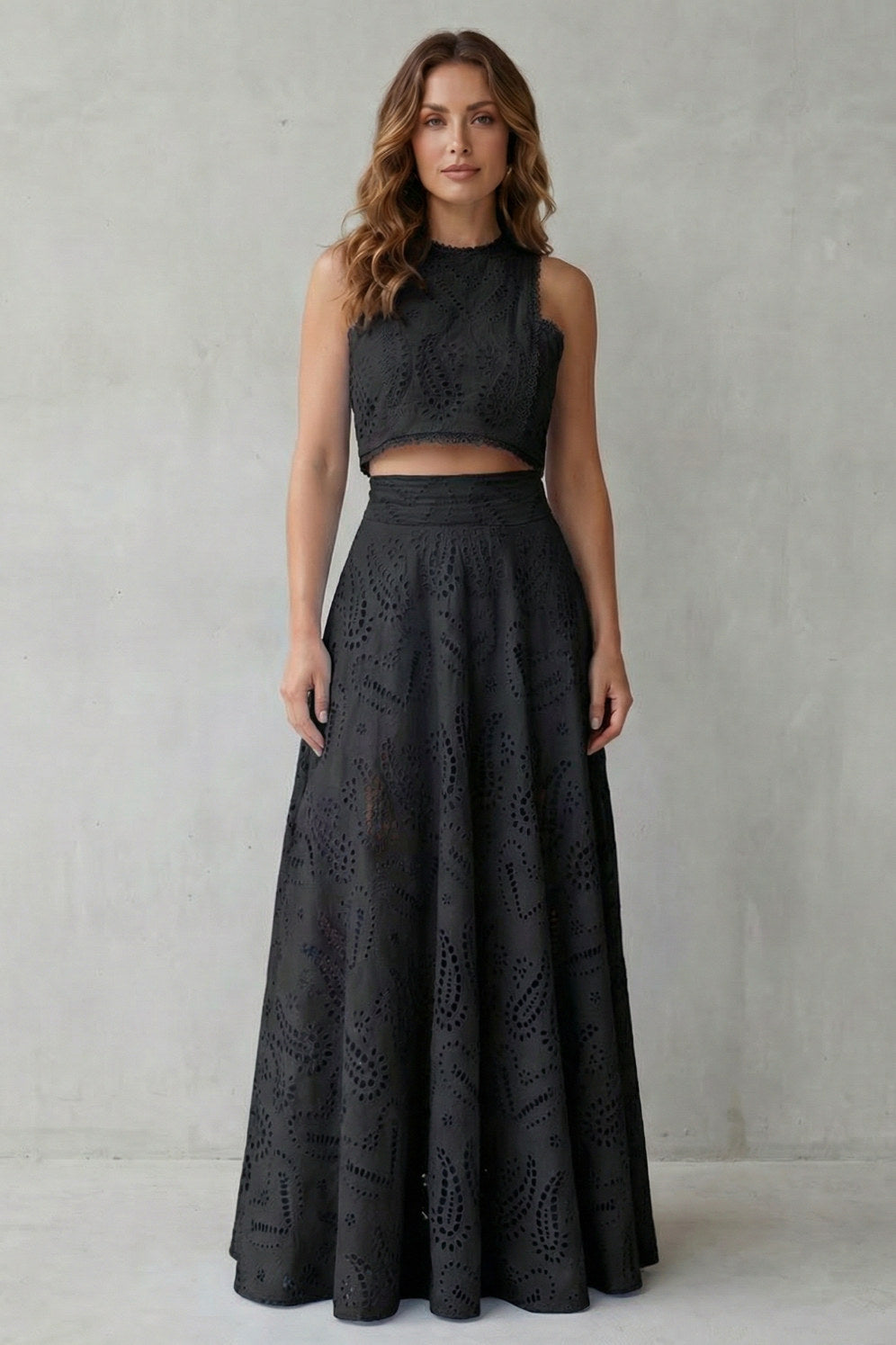 Eyelet Crop Top and Maxi Skirt Set