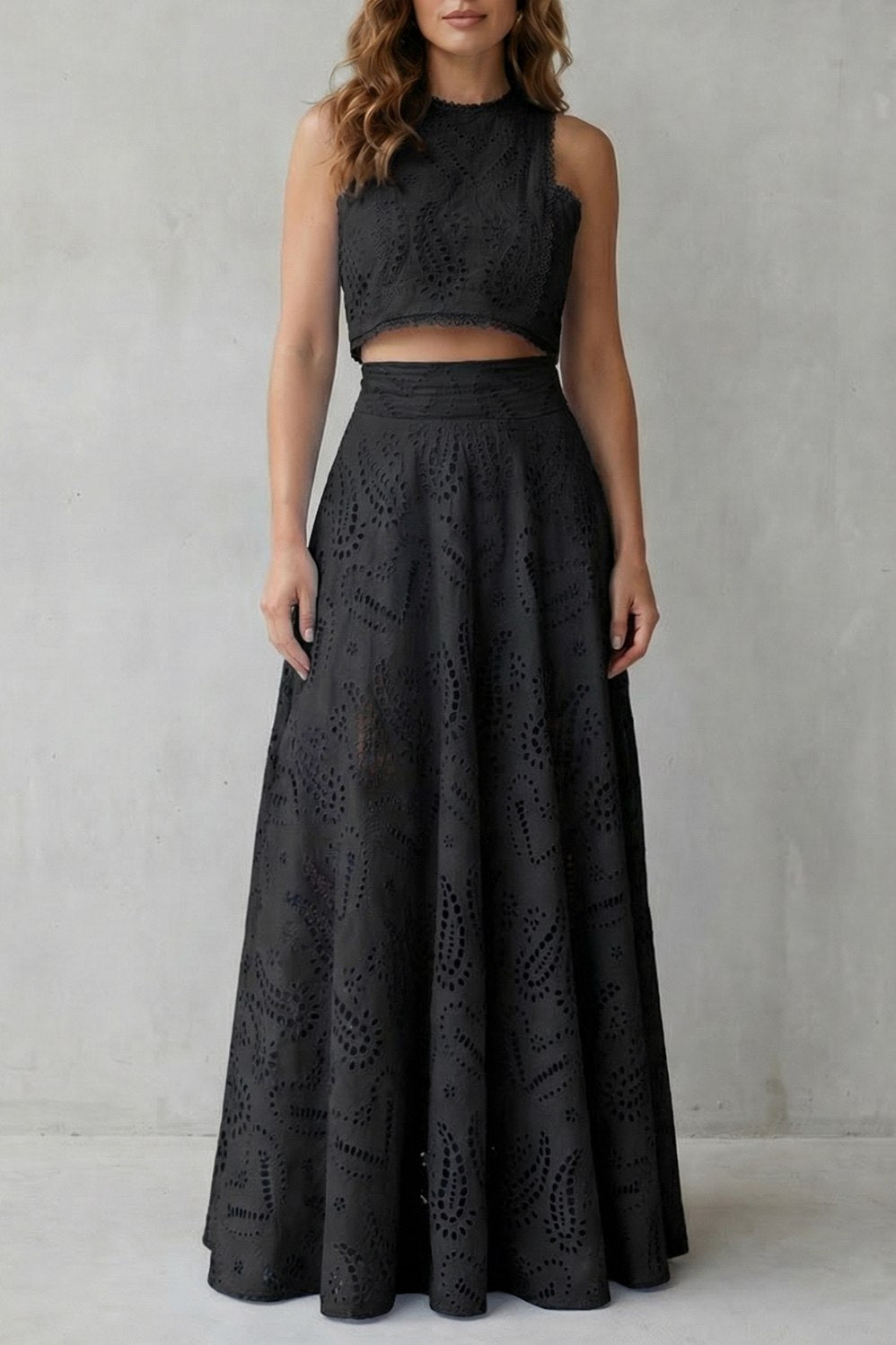 Eyelet Crop Top and Maxi Skirt Set