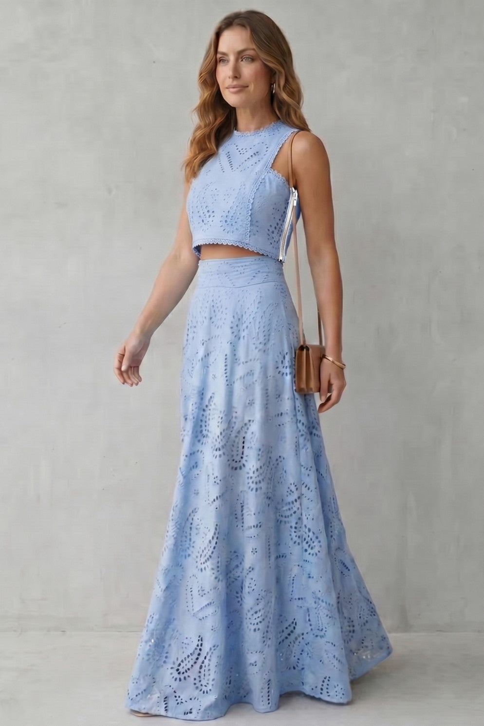 Eyelet Crop Top and Maxi Skirt Set