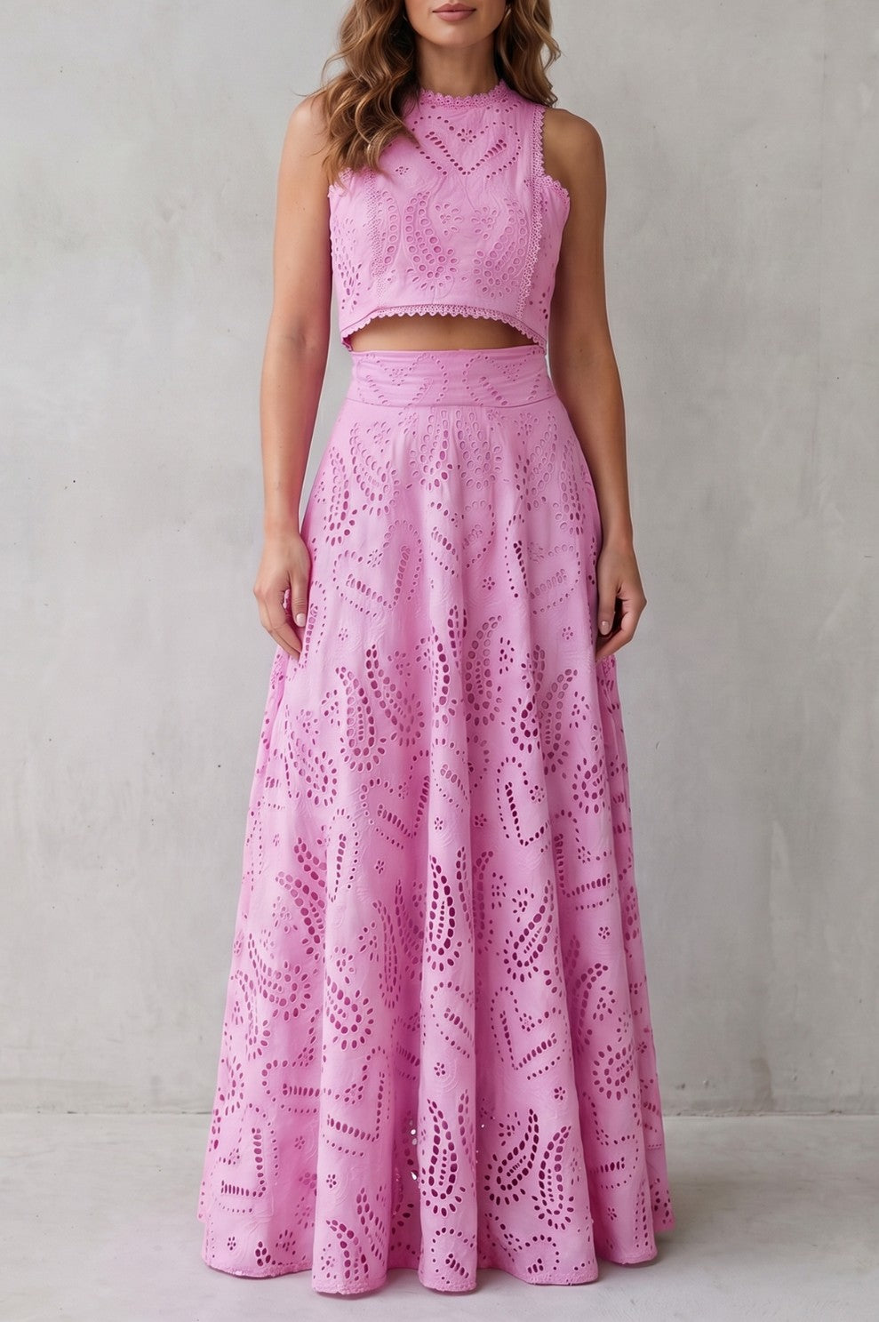 Eyelet Crop Top and Maxi Skirt Set