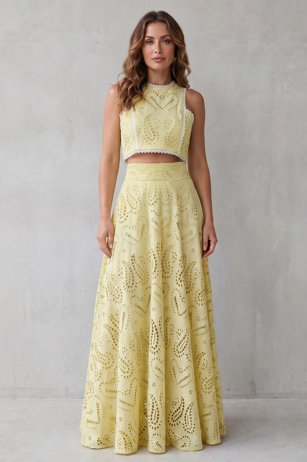 Eyelet Crop Top and Maxi Skirt Set